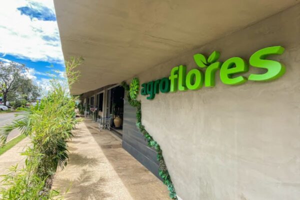 Fachada da loja, cinza com muitas platas verdes ao redor