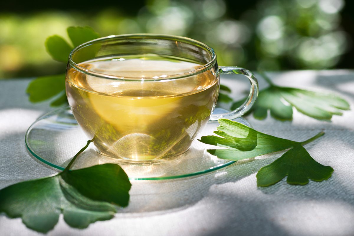 Foto colorida de xícara de chá e folhas de ginkgo biloba - Metrópoles