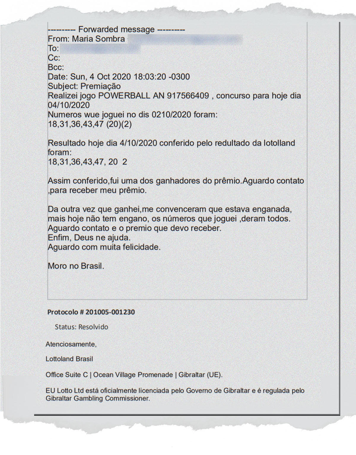 Trecho de e-mail de Maria do Socorro Sombra para bet Lottoland