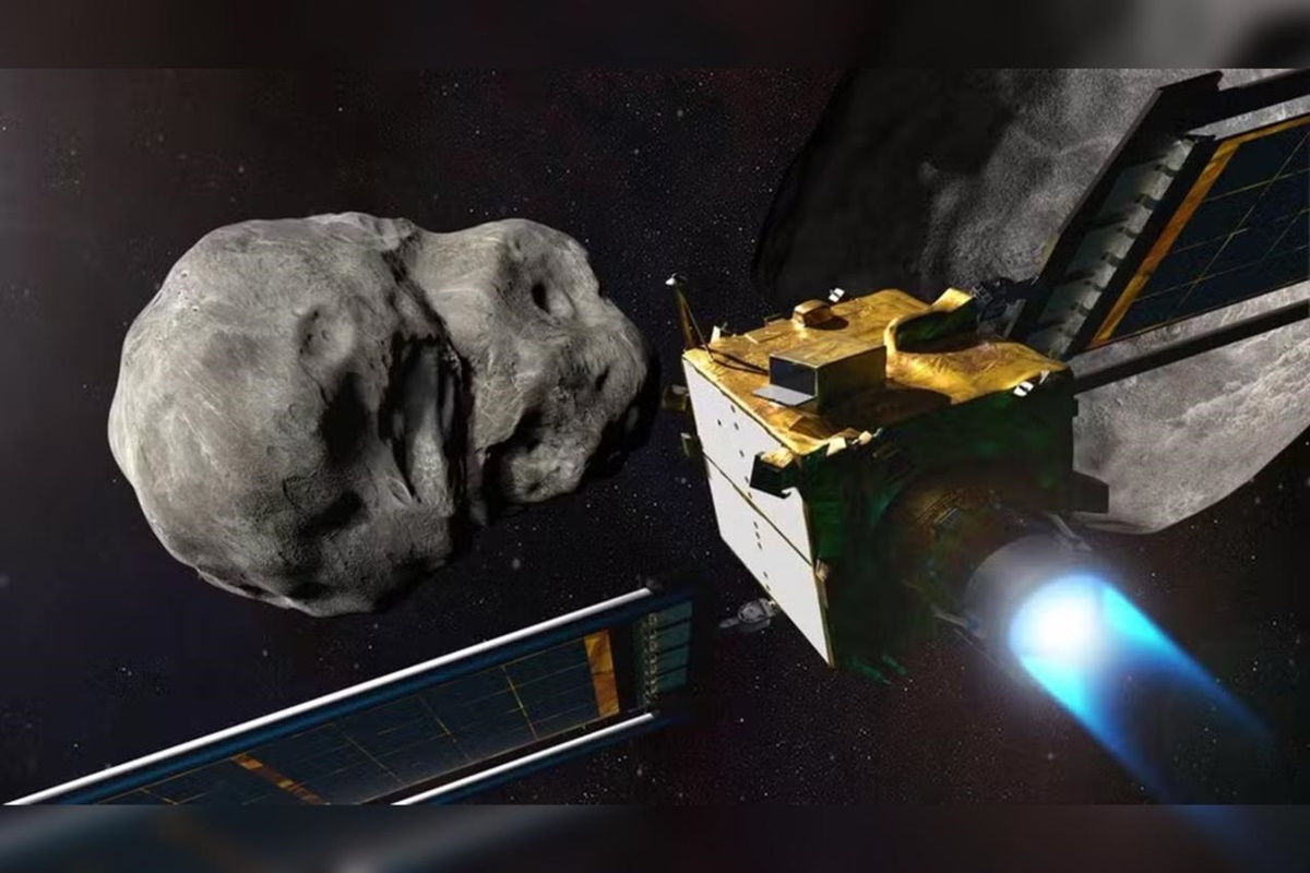 Ilustração colorida da missão DART para desviar trajeto de asteroide - Metrópoles