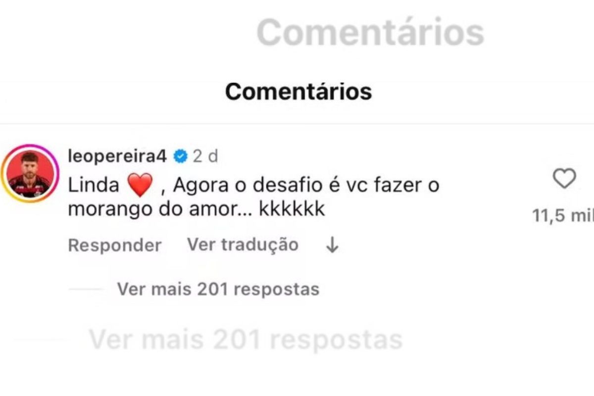 print colorida de Léo Pereira pedindo para Karoline Lima fazer a receita viral de morango