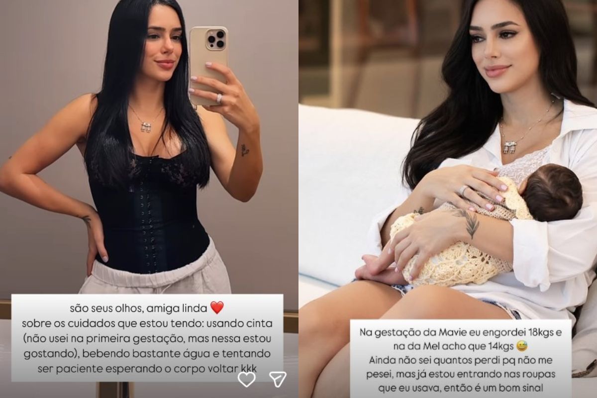 montagem colorida com print de Bruna Biancardi comenta mudanças no corpo após segunda gestação