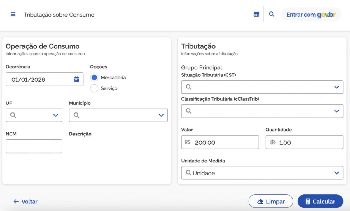 Reprodução da Calculadora de Tributos disponibilizada pela Receita Federal