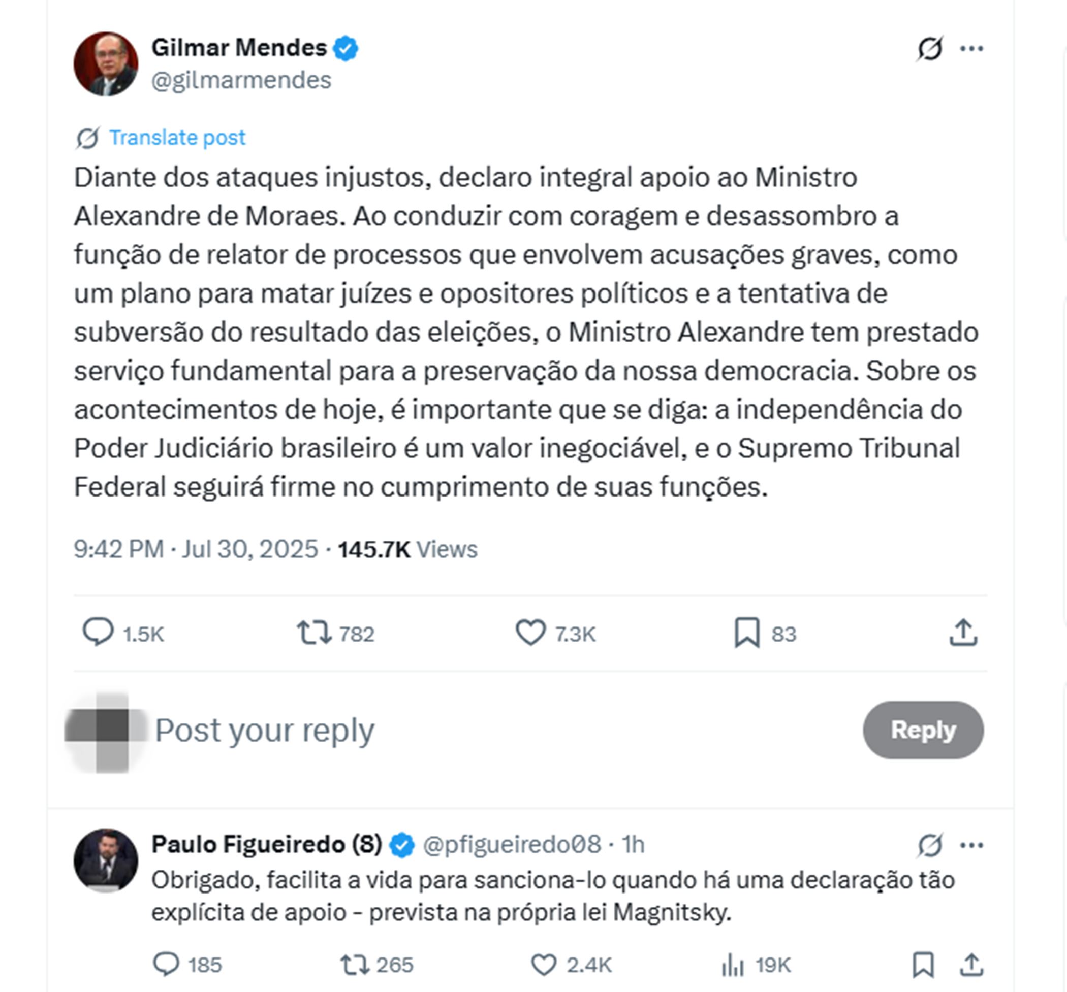 imagem colorida de Publicação de Gilmar Mendes, em defesa de Moraes, e resposta dada por Paulo Figueiredo 