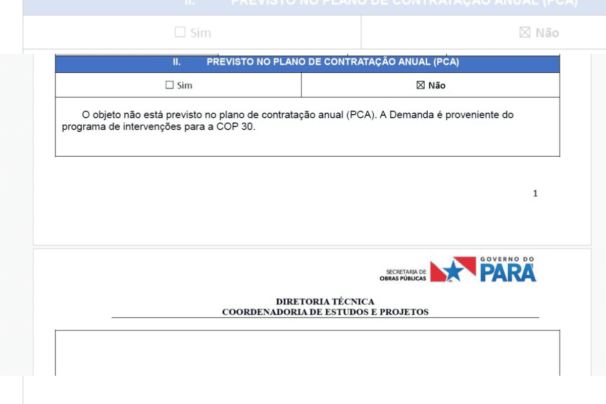 Print de documento do governo do Pará sobre obra para a COP30