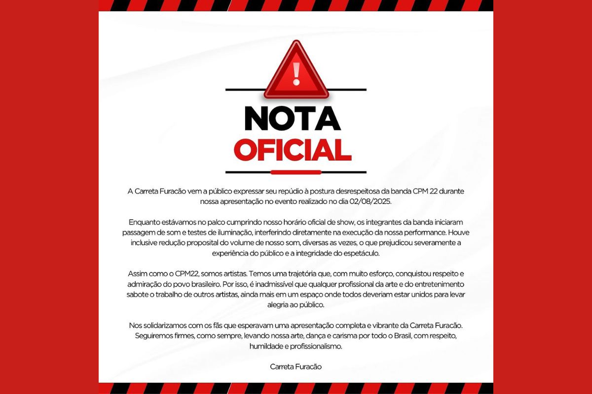 Nota da Carreta Furacão sobre problema em show envolvendo a banda CPM 22 - metrópoles