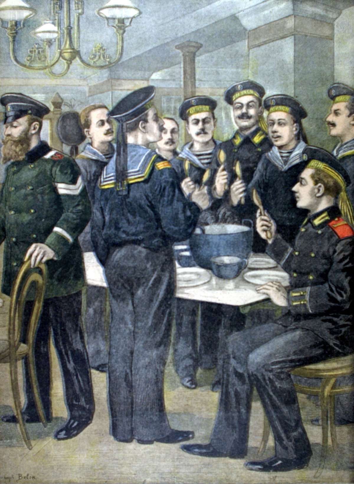 Marinheiros em 1900, com camiseta listrada por baixo do uniforme - Metrópoles