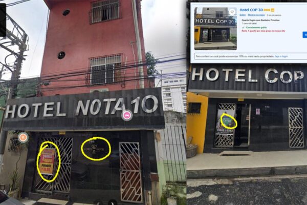 Montagem com fotos coloridas de antes e depois da fachada do estabelecimento com o print de uma reserva recentemente disponibilizada plataforma Booking, no valor de R$ 6,3 mil - Metrópoles