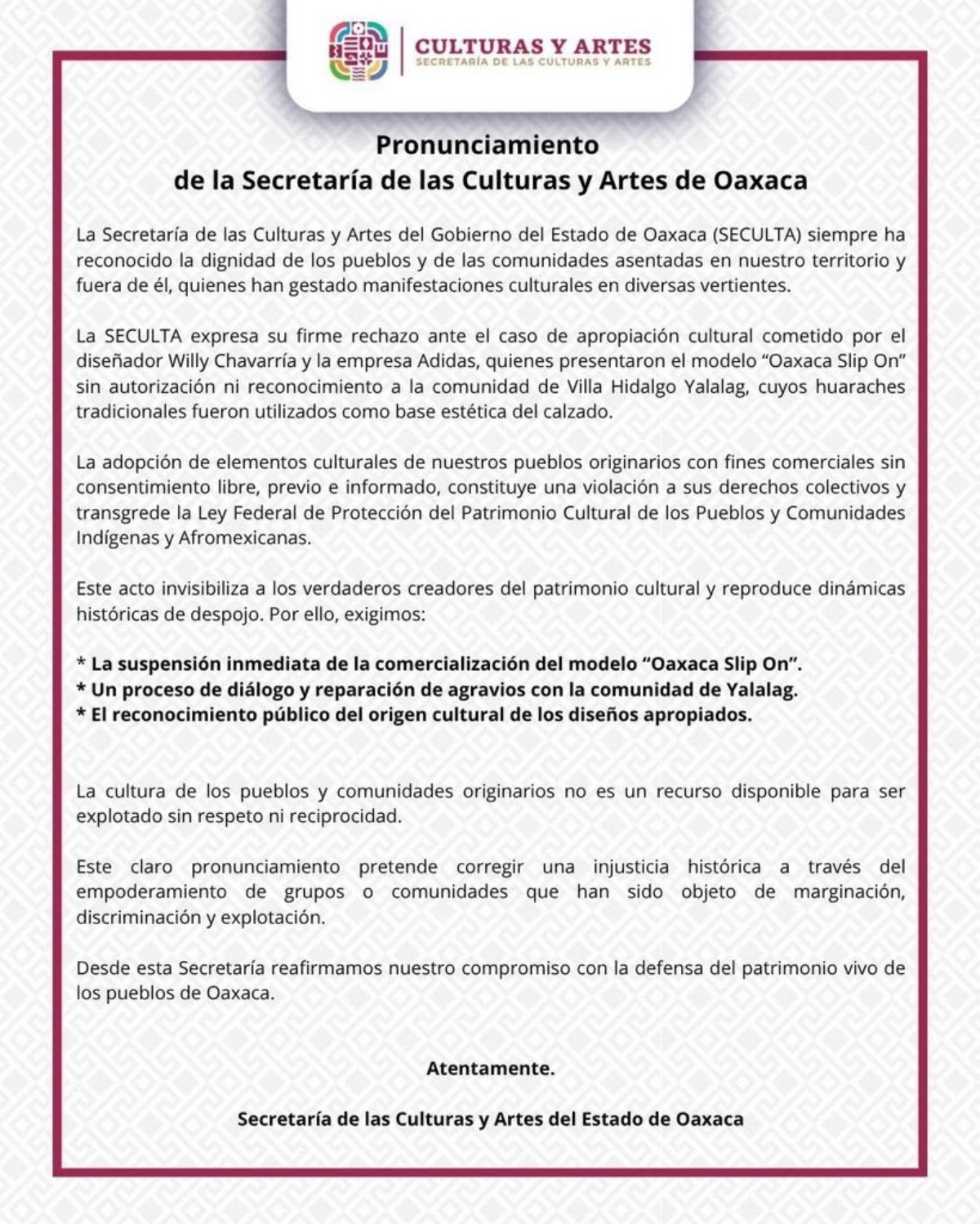 Comunicado da Secretaria de Cultura e Artes de Oaxaca, no Mexico, sobre sandália da Adidas - Metrópoles