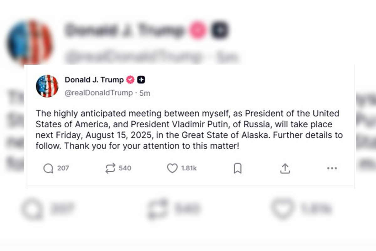 Imagem colorida de print de post de Trump sobre reunião com Putin
