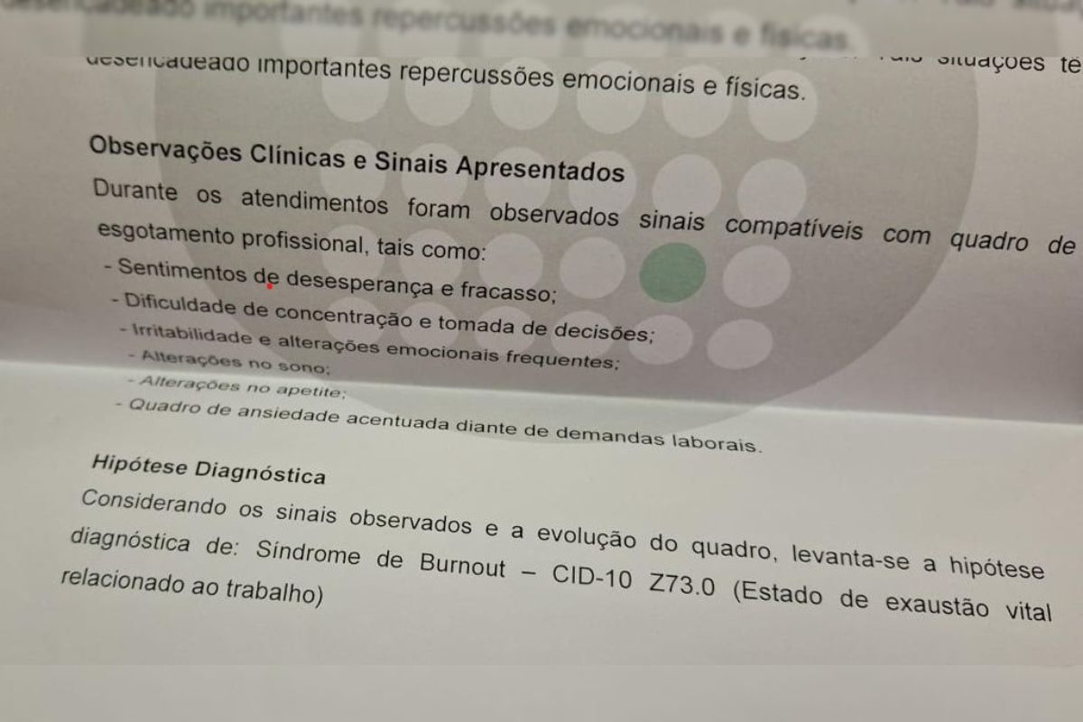Assédio moral na Comissão de Anistia causa afastamentos e burnout Foto colorida do laudo psicológico de uma terceirizada ligada à Comissão de Anistia - Metrópoles