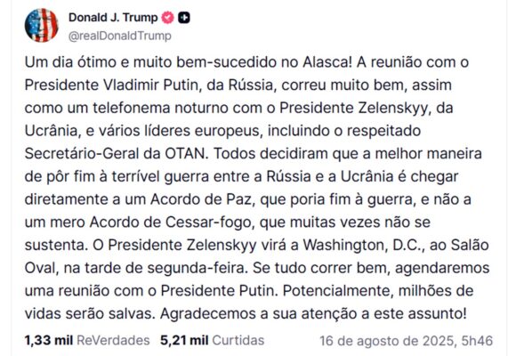 Imagem colorida de post de Donaldo Trump sobre encontro com Putin