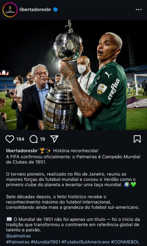 Post em que afirma que Palmeiras é campeão da Copa do Mundo de Clubes em 1951 - Metrópoles