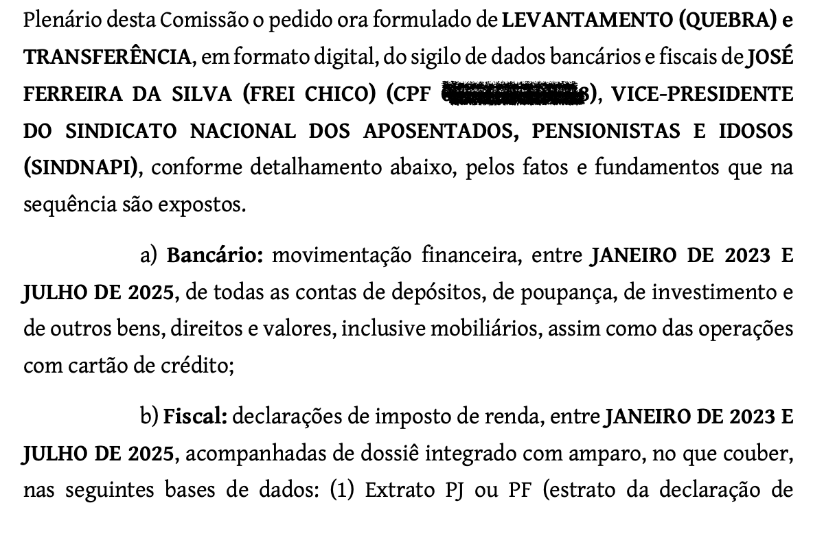 CPMI do INSS já tem requerimento de quebra de sigilo de Frei Chico