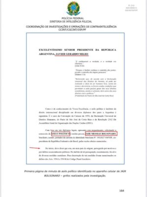 Carta para o presidente da Argentina, Javier Milei, citada em inquérito da PF