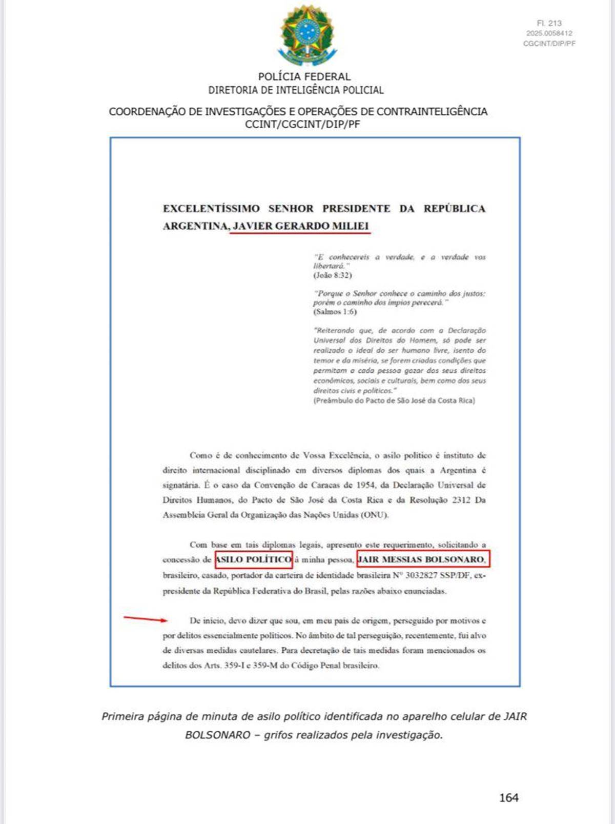 Carta para o presidente da Argentina, Javier Milei, citada em inquérito da PF