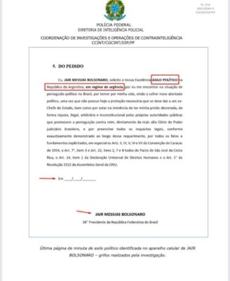 Carta encontrada no celular do ex-presidente Jair Bolsonaro