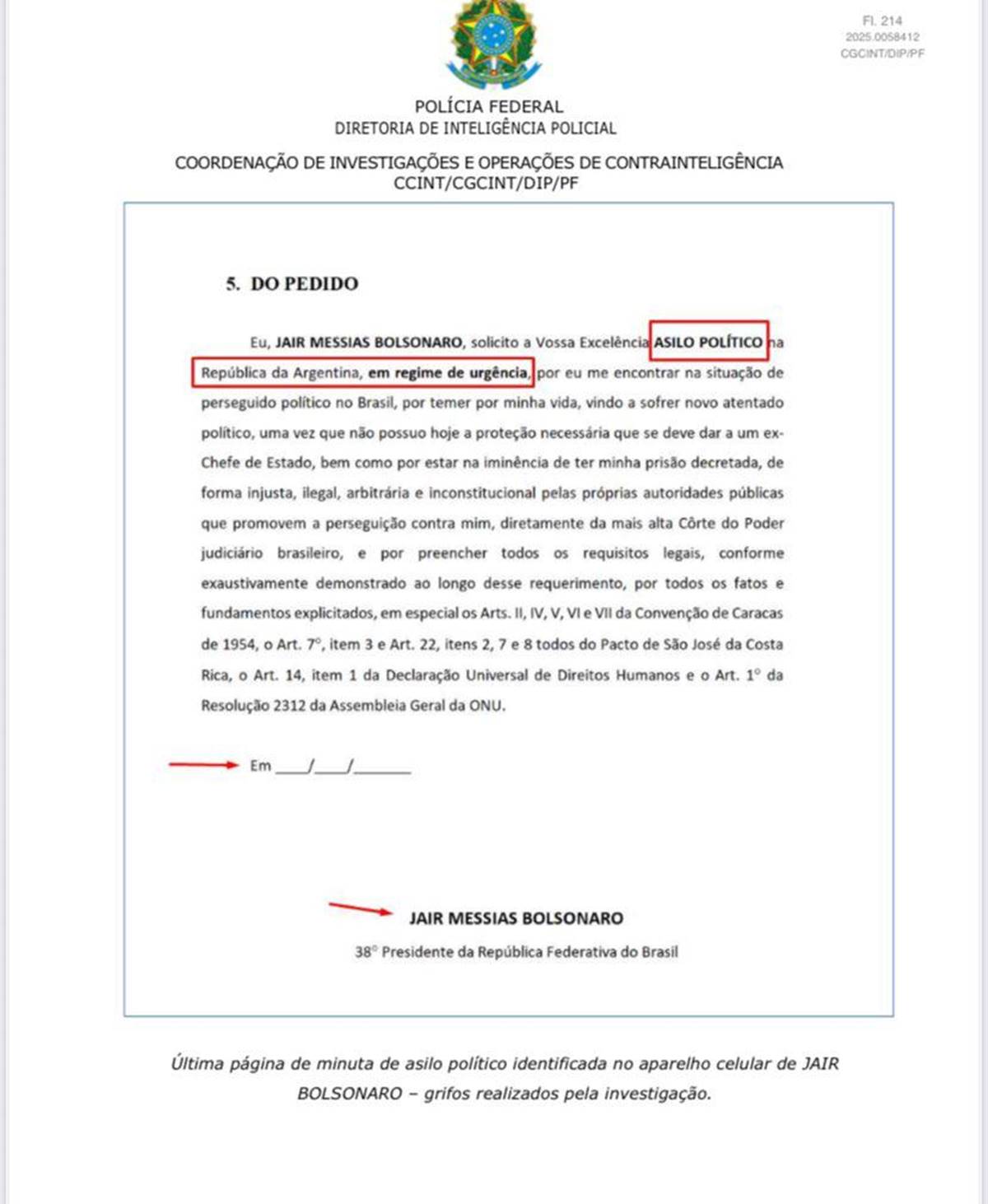 Carta encontrada no celular do ex-presidente Jair Bolsonaro