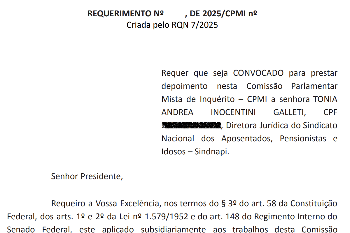 CPMI do INSS deve convocar dirigentes do Sindnapi de Frei Chico 3 CPMI do INSS já tem requerimento para convocar Tonia Galleti