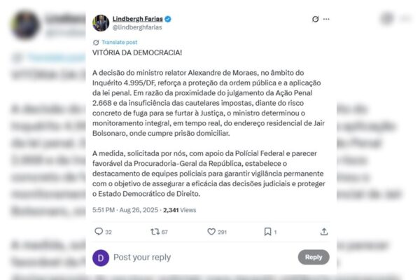 Imagem colorida de reprodução de post de Lindbergh Farias