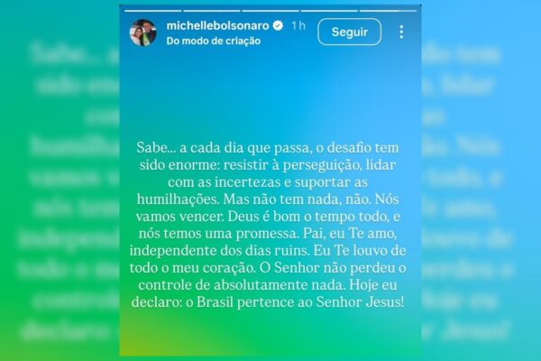 Imagem colorida do print da postagem de Michelle Bolsoanro sobre monitoramento de Bolsonaro