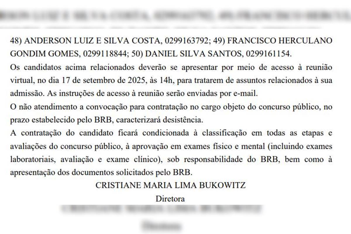 Lista de escriturários aprovados em concurso convocados pelo BRB - Metrópoles
