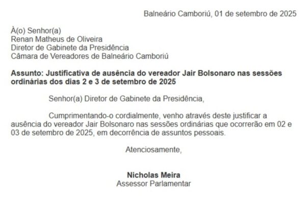Foto colorida de ausência de Jair Renan em sessão na Câmara de Vereadores de Balneário Camboriú - Metrópoles