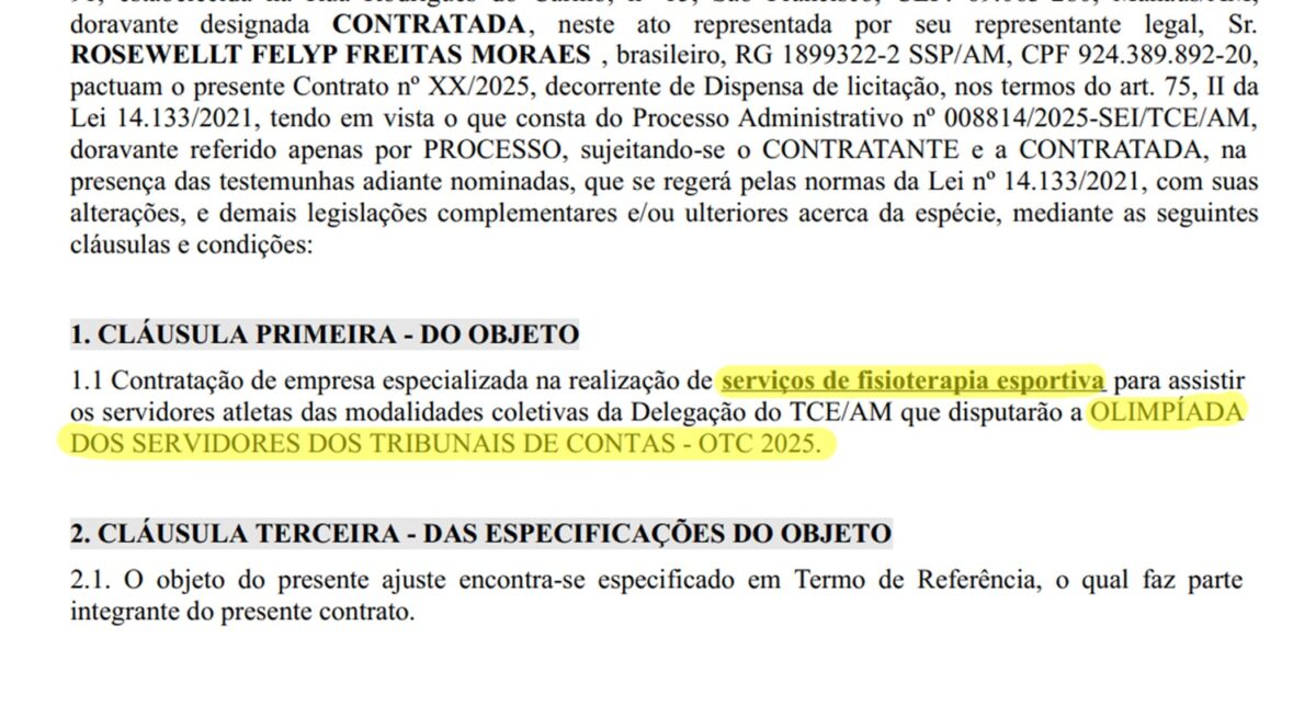 Contrato do TCE do Amazonas para serviços de fisioterapia esportiva durante as olimpíadas dos tribunais de contas deste ano