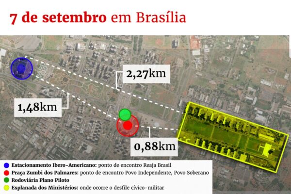 Arte que mostra a região onde ocorrem atos de direita e esquerda além do desfile cívico-militar, em Brasília, com as suas respectivas distâncias - Metrópoles