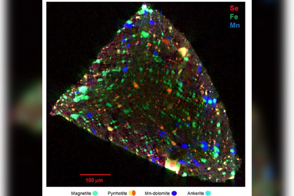 Imagem colorida de análise da composição química dos grãos do asteroide Ryugu - Metrópoles