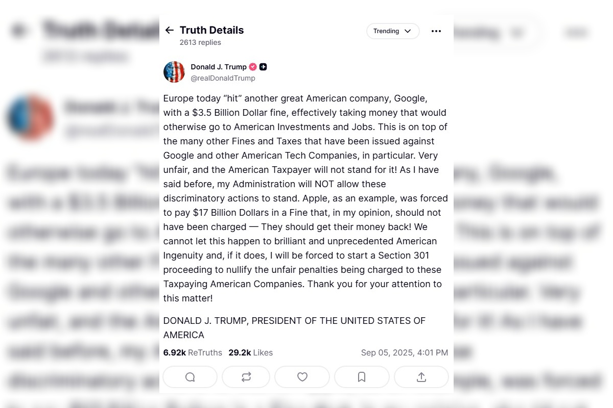 Imagem colorida post de Trump sobre multa do Google