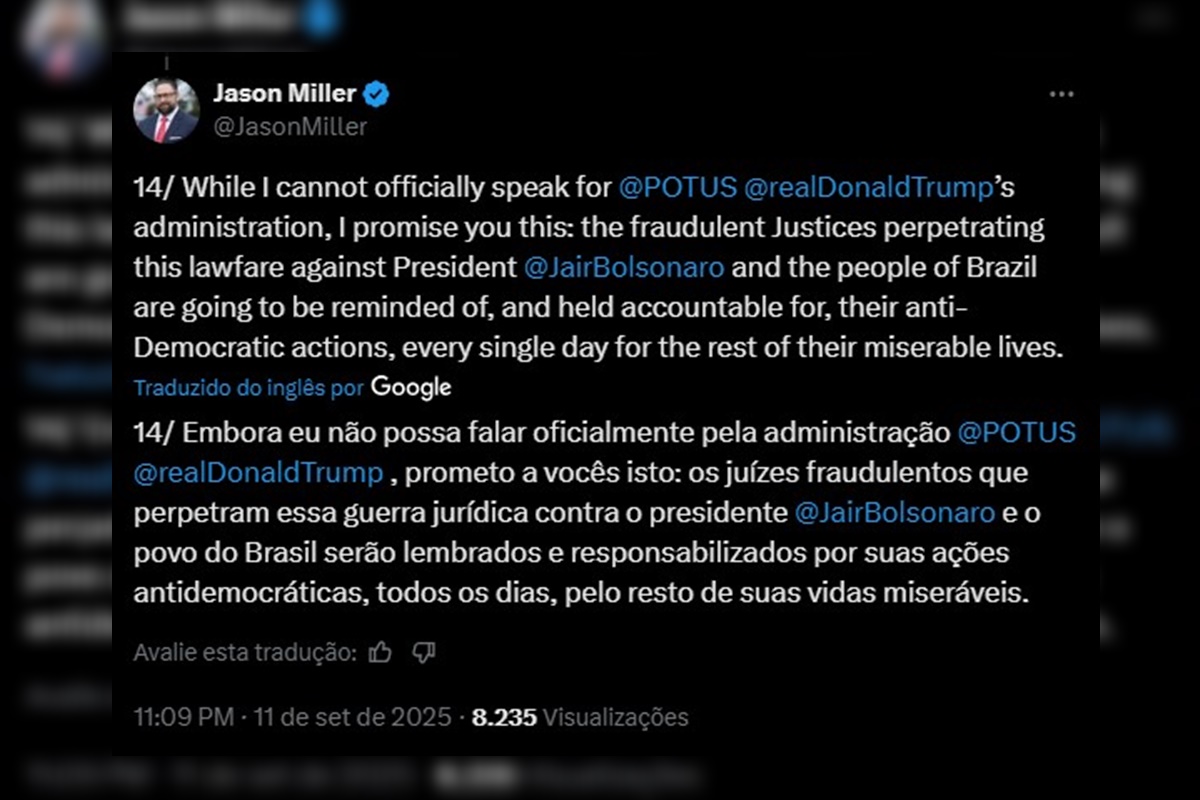 Imagem colorida reprodução de postagem de assessor de Trump