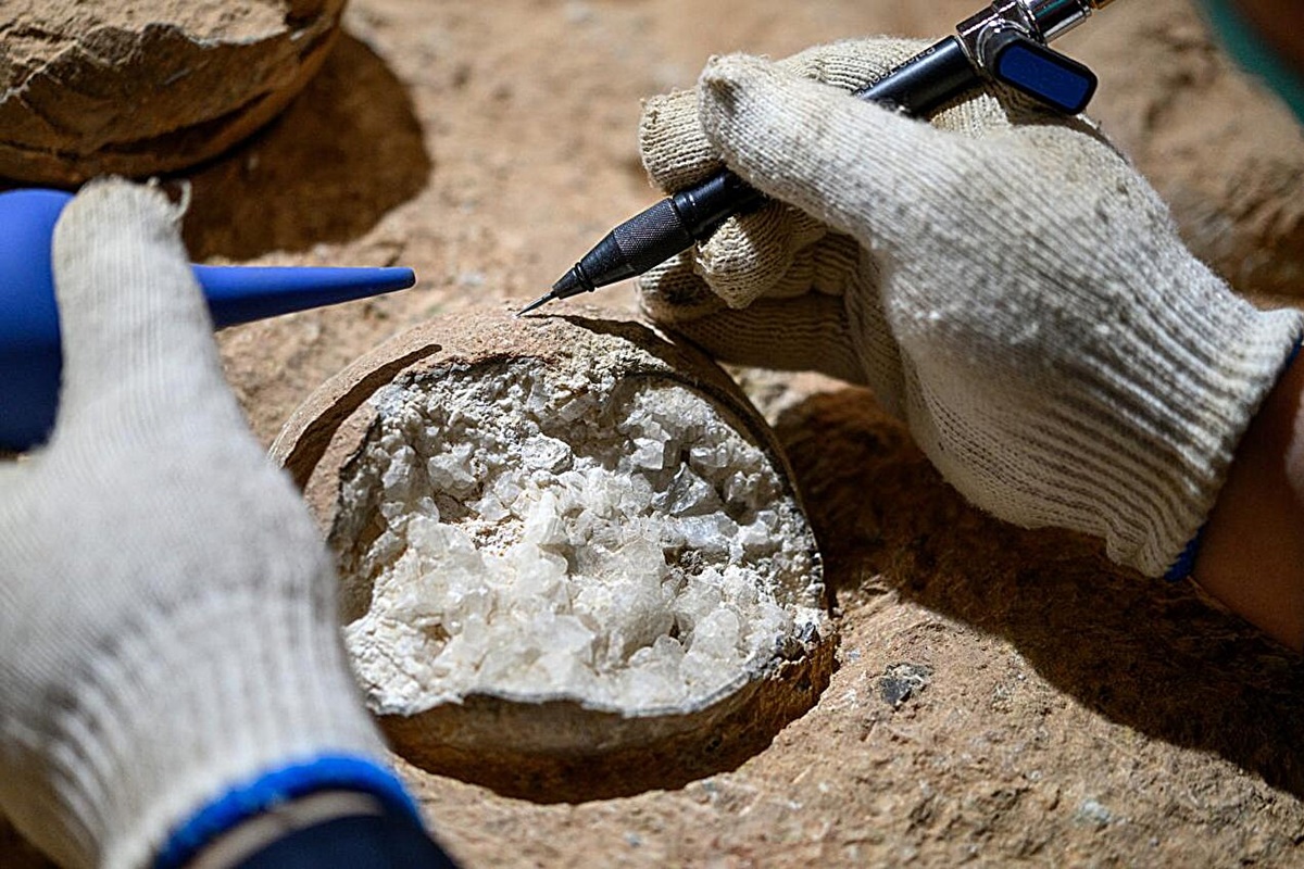 Imagem colorida de ovos com cristais de dinossauros - Metrópoles