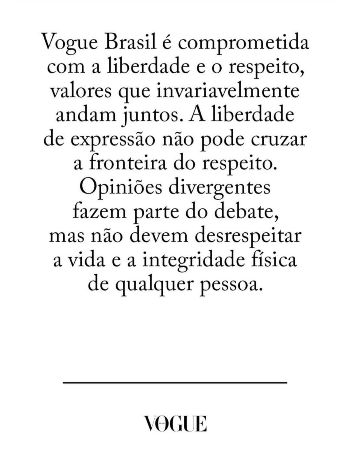 A imagem mostra uma nota da Vogue Brasil sobre um polêmica
