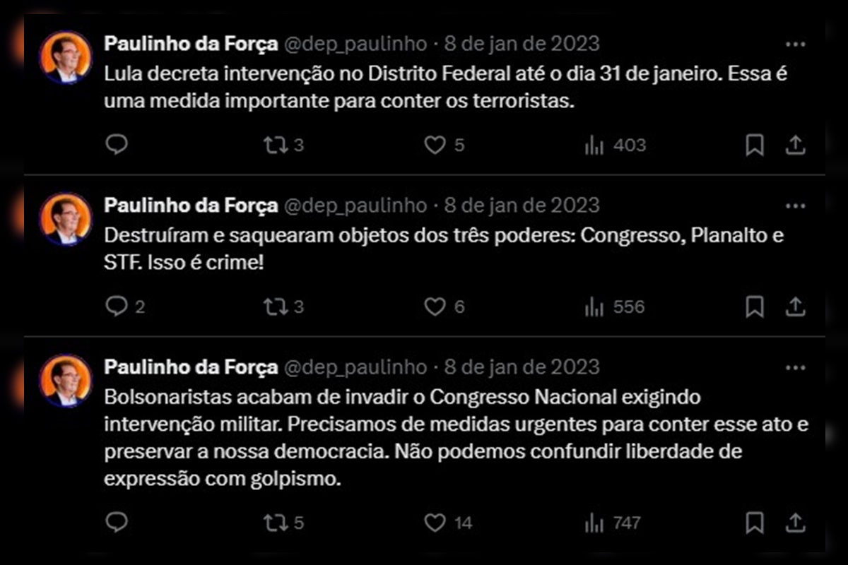 Imagem colorida reprodução de postagem do deputado federal Paulinho da Força (Solidariedade-SP), no X
