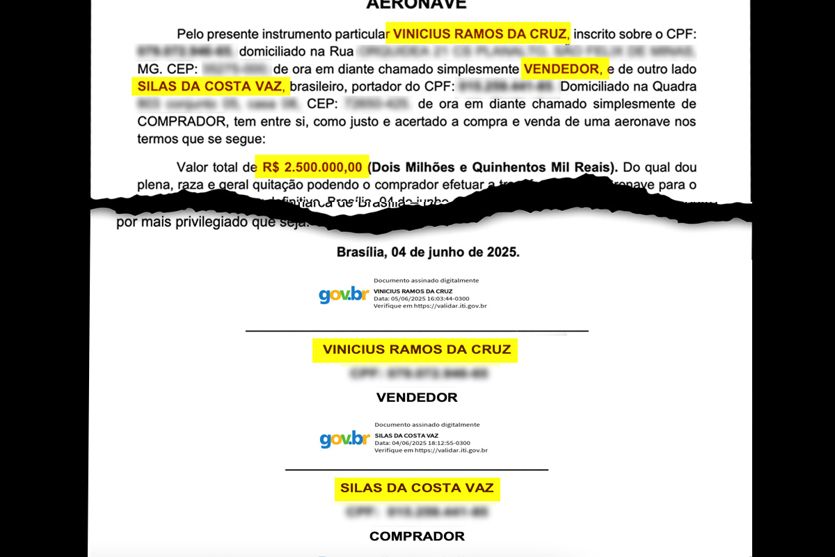 Documentos da aeronave mostra que Silas Vaz e o presidente da ONG ligada a Conafer assinaram os termos de compra e venda da aeronave