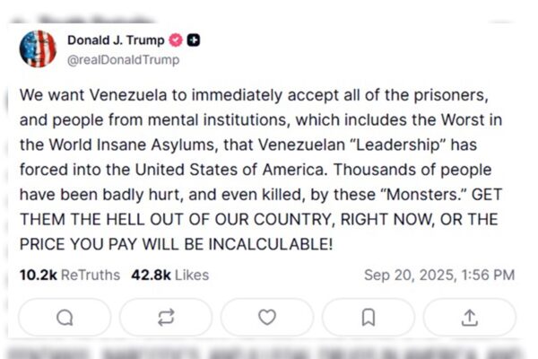 Imagem colorida/reprodução post Donald Trump sobre Venezuela receber prisioneiros