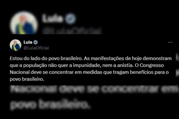 Imagem colorida reprodução de postagem de Lula sobre PEC da Blindagem e Anistia