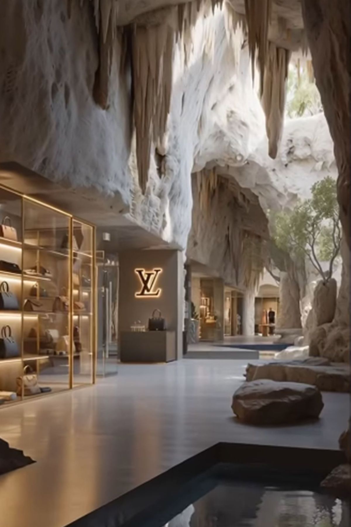 Imagem colorida de caverna com loja da Louis Vuitton