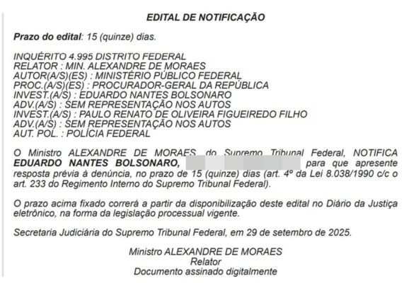 Imagem de edital de notificação de Eduardo Bolsonaro