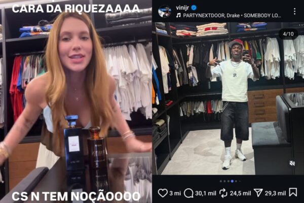 Montagem de fotos de Virginia Fonseca (a esquerda) em um closet; Vini Jr. aparece no que aparenta ser o mesmo espaço na foto à esquerda