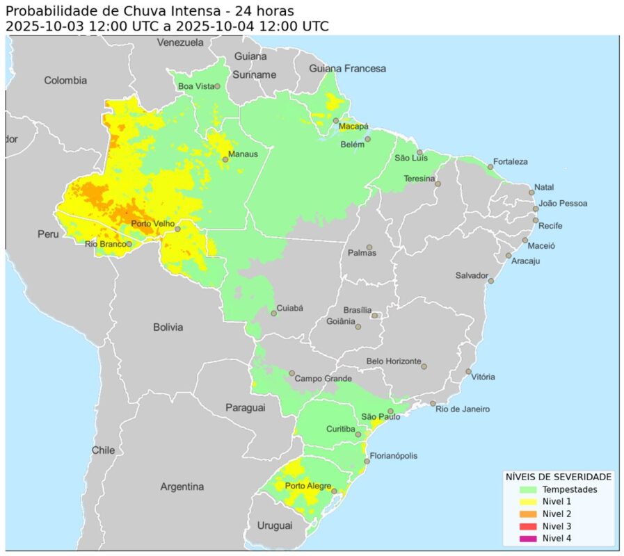 Imagem de mapa sobre previsão de tempestades no país - Metrópoles