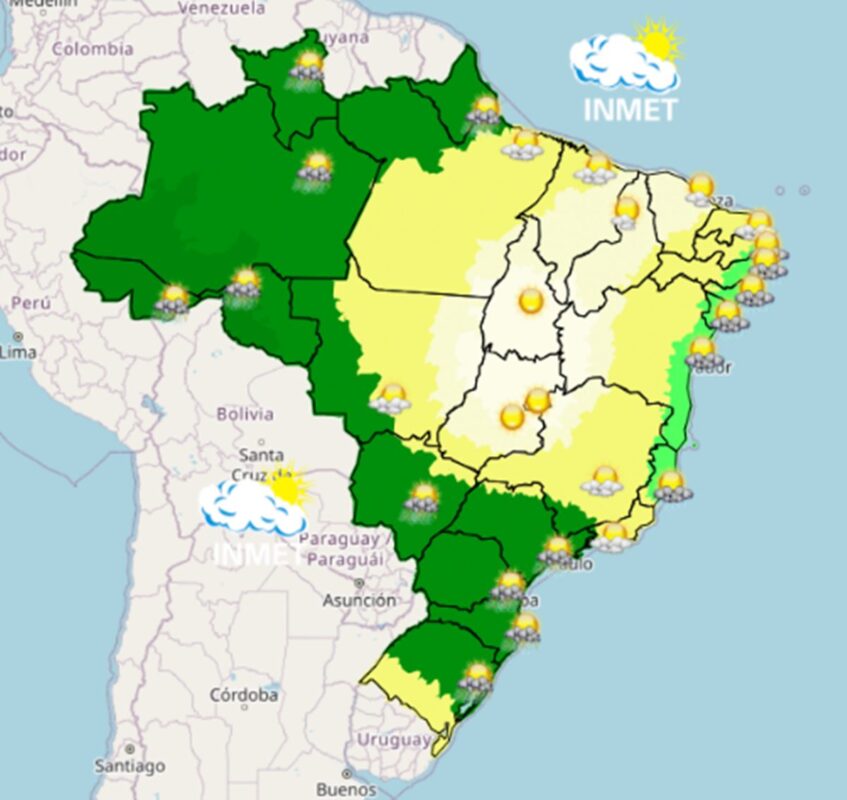 Imagem colorida de mapa sobre a previsão do tempo no Brasil - Metrópoles
