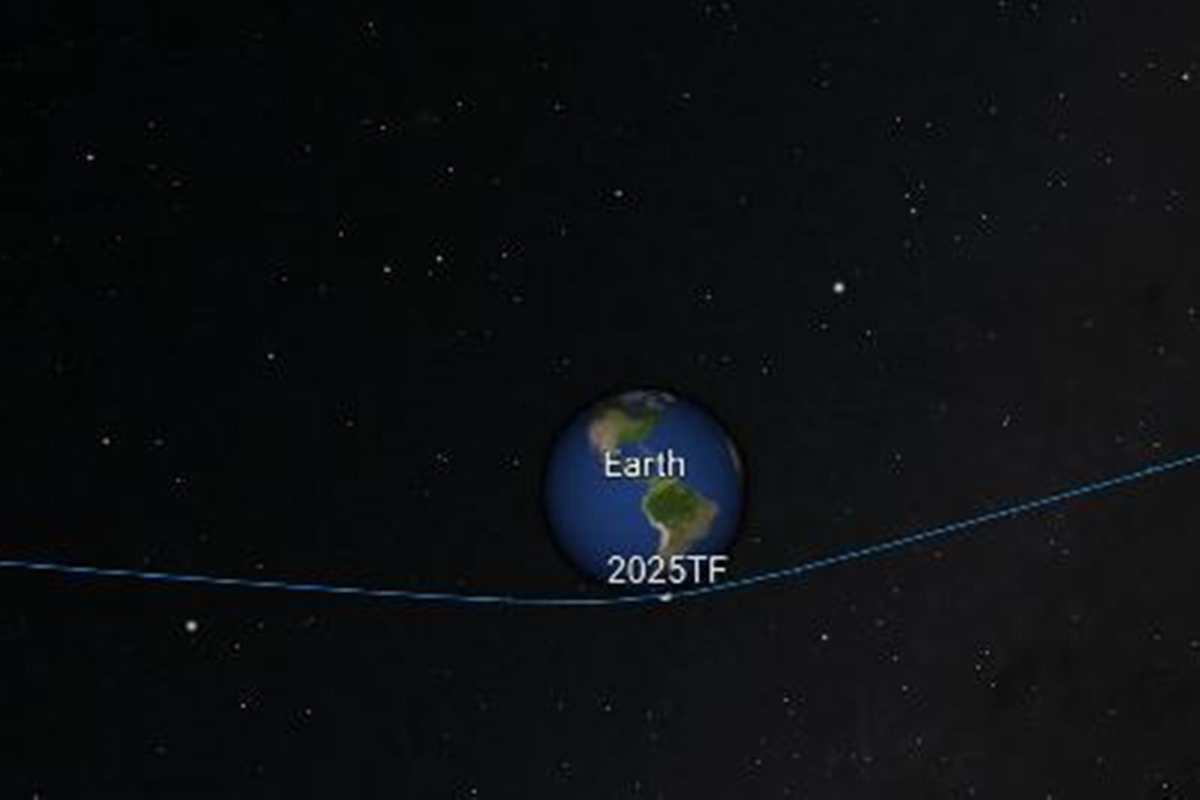 Ilustração colorida mostra trajetória de asteroide 2025 TF - Metrópoles 