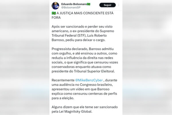 Imagem colorida, Eduardo fala sobre saída de Barroso do STF e cita Lei Magnitsky - Metrópoles