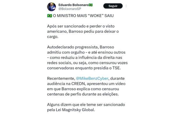 PrintSecreen de tuite de Eduardo Bolsonaro - Metrópoles 