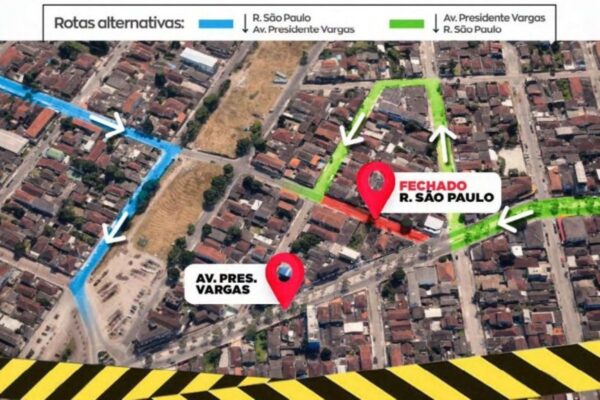 Rua São Paulo tem trecho interditado para obras de acesso ao futuro Aeroporto de Guarujá - Metrópoles
