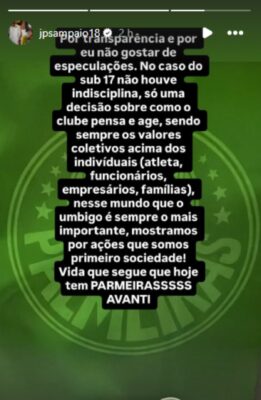 Imagem colorida de post de João Paulo Sampaio- coordenador da base do Palmeiras- Metrópoles