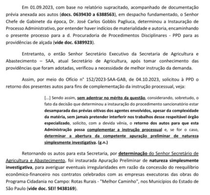 Documento mostra que Piai solicitou retorno de apuração interna que já estava na PGE