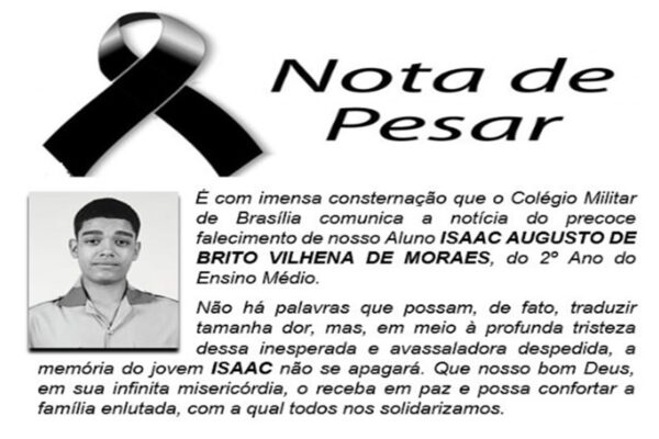Nota de pesar do adolescente morto durante assalto na Asa Sul